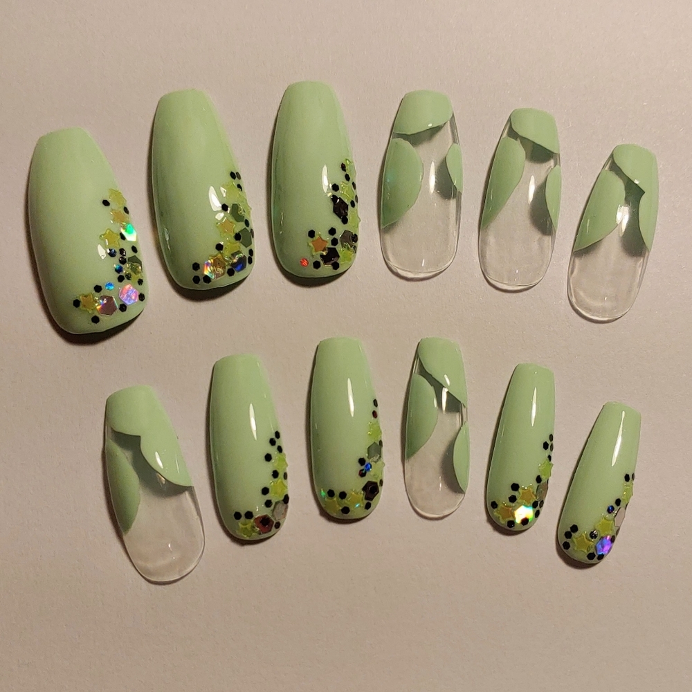 Glow in the Dark Press On Nails - Green Star Nails New Hand Painted